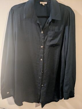 Beautiful Crushed Navy Silky Button-Up Blouse with Jewel Buttons And Cuffs